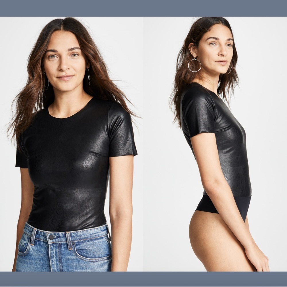 NEW $98 Commando Black Faux Leather Tee‎ Thong Bodysuit [ SZ Small ]